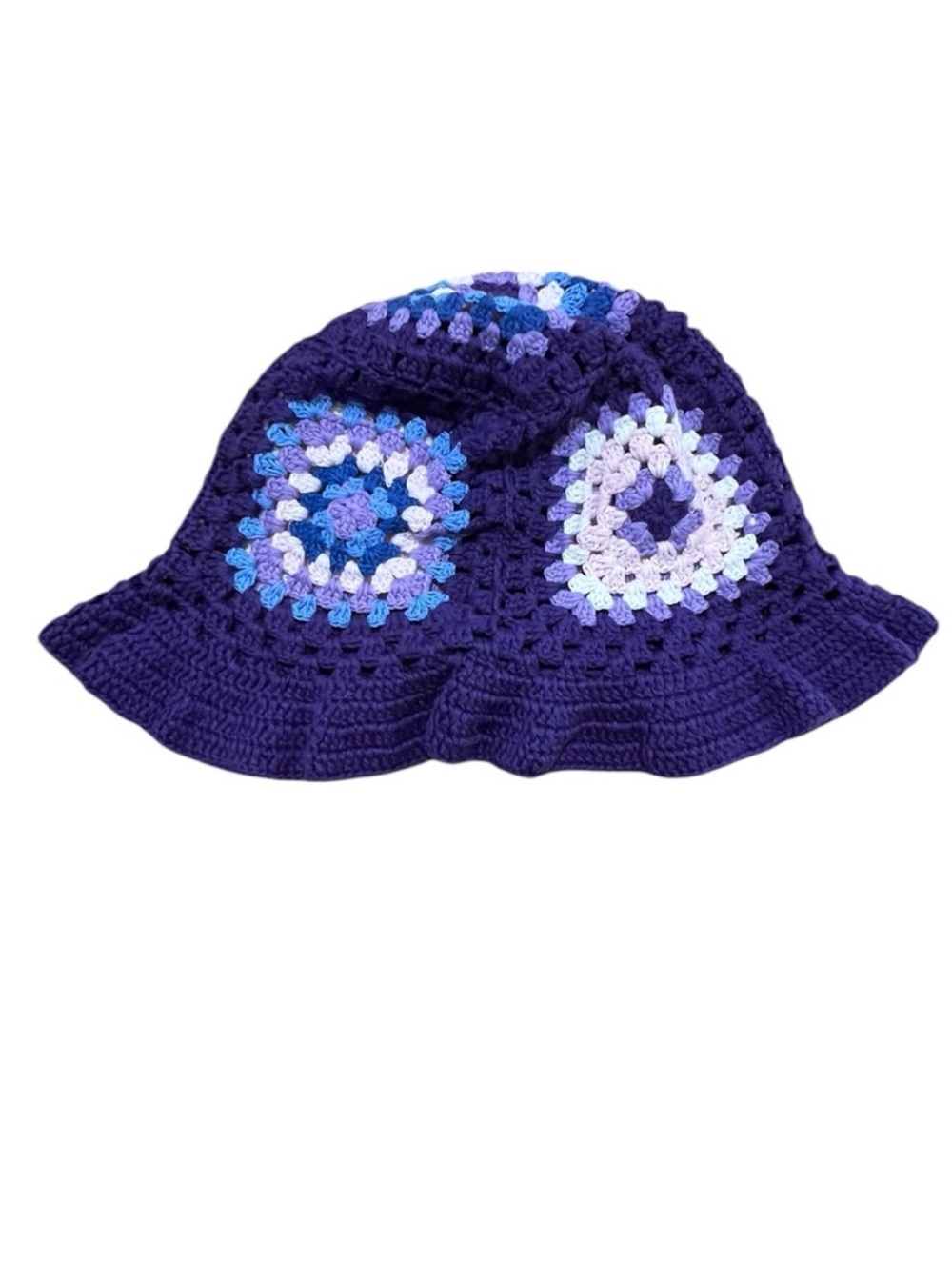 Unique Vintage Deep Purple Crochet Bucket Hat with Blue and Light Purple Accents